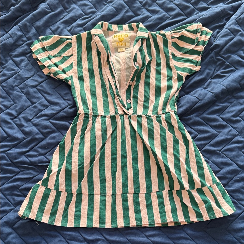 HUGO LOVES TIKI Green and Cream Striped dress